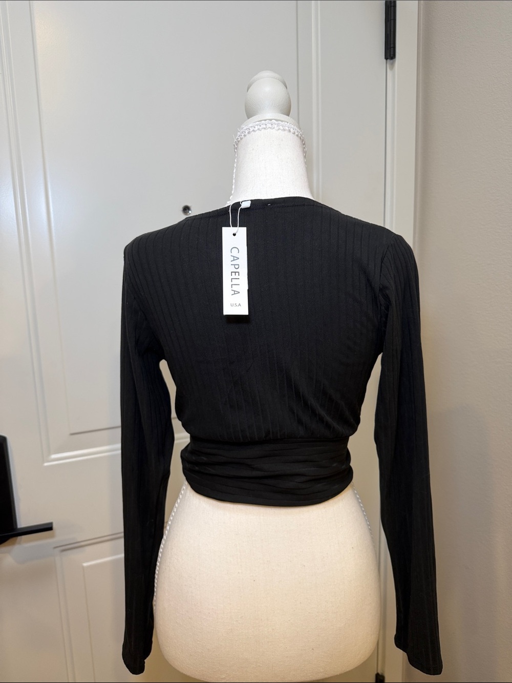 Black Ribbed Wrap-Front Crop Top - Picture 5 of 6